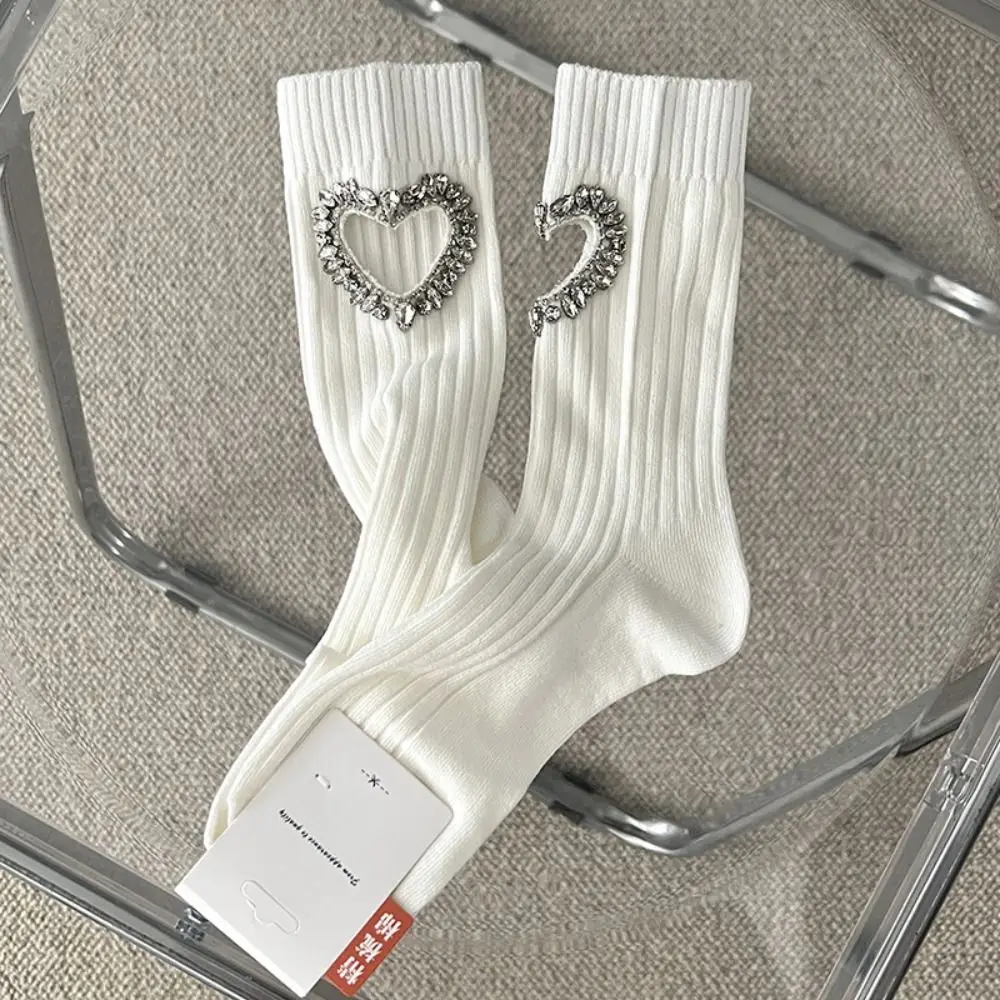 

Soft JK Rhinestone Heart Socks Crystal Sweet Y2K Tube Socks Cotton Harajuku Mid-calf Socks Women Spring Summer