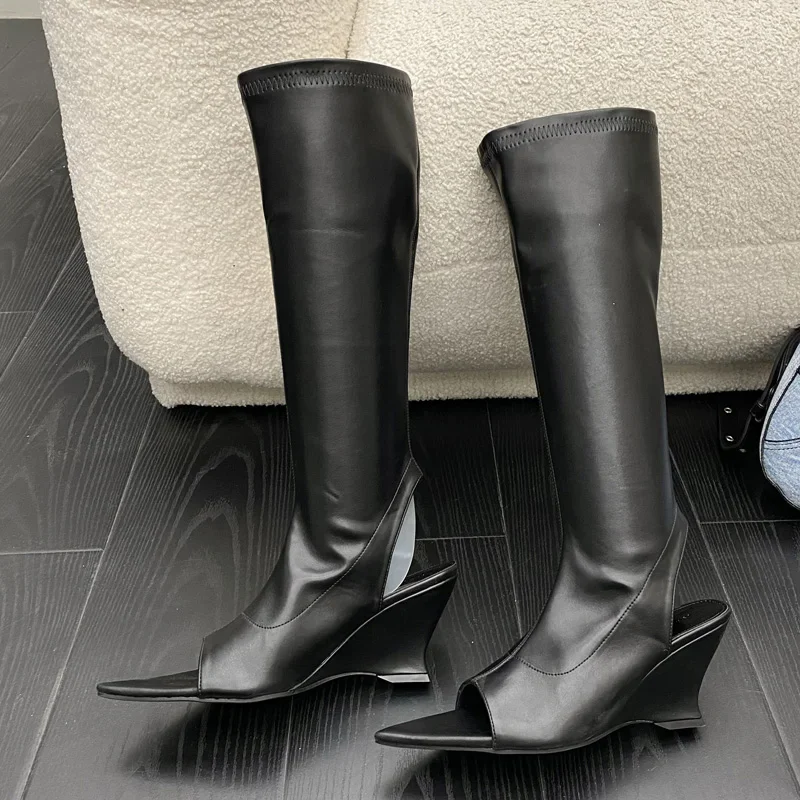 Eilyken Street Style Pointed Open Toe Women Knee-High Long Boots Fashion Wedges Heels Modern Booties Sandals Slingbacks Shoes