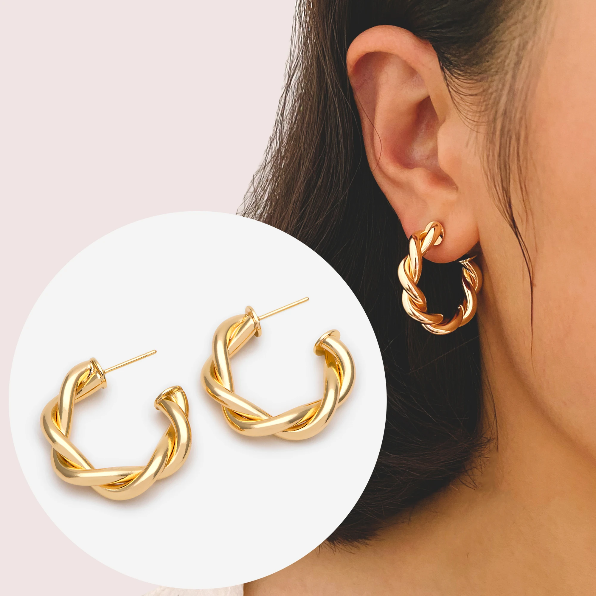 

4pcs Gold Geometric Twisted Hoop Earring, Minimalist Earring Stud (GB-2478)