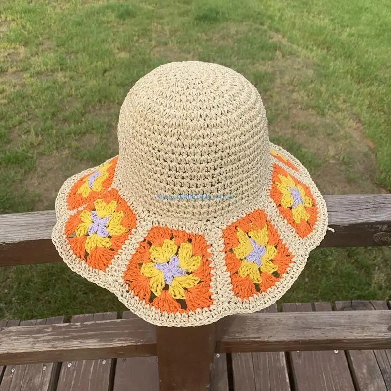 

N7YF Flower Decor Wide Brim Summer Bucket Hat Crochet Floral Fisherman Hats for Women Skin-friendly Hats Large Brim Cap