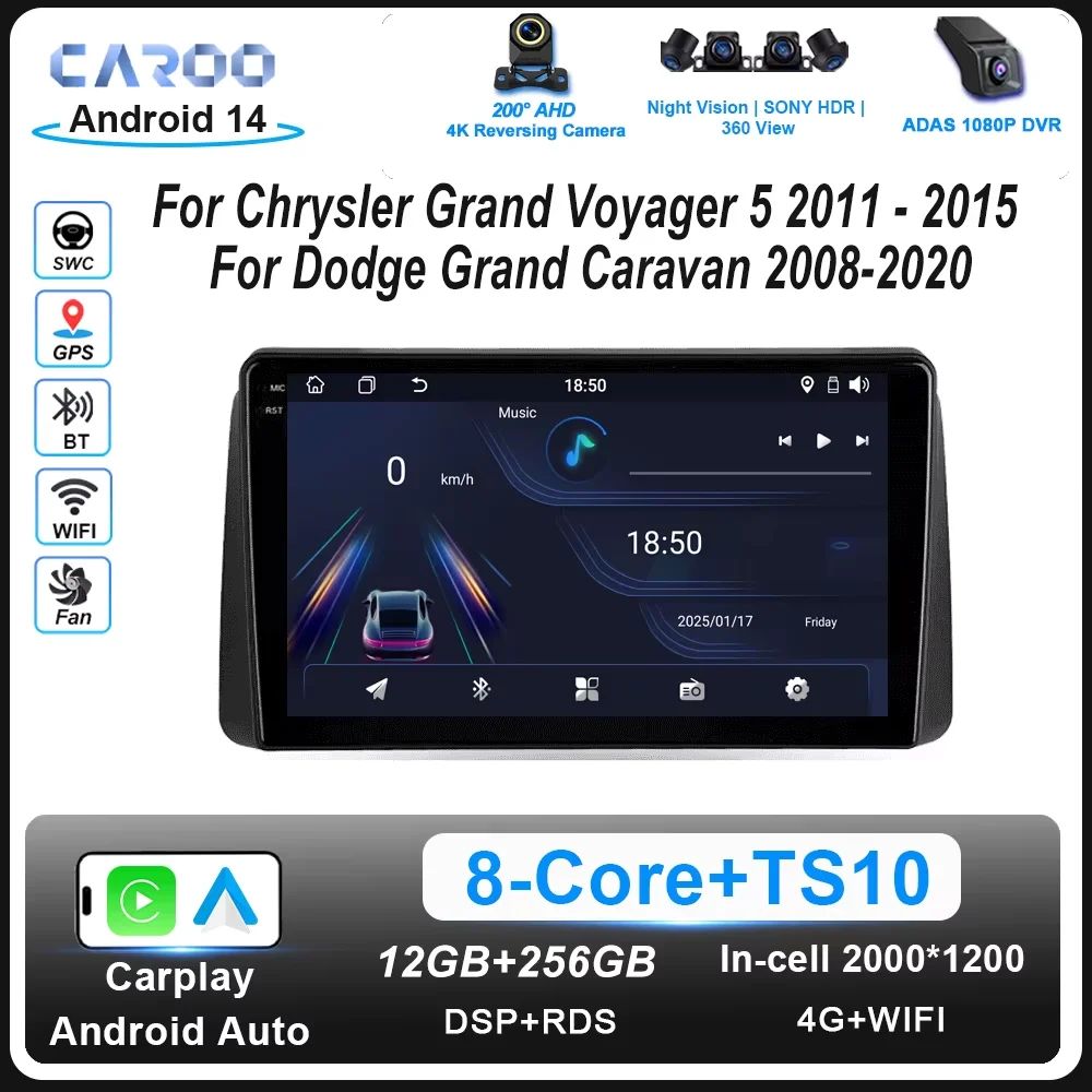 

Android 14 For Chrysler Grand Voyager 5 2011 - 2015 For Dodge Grand Caravan 2008-2020 Car Radio 2 din Carplay Bluetooth Wifi