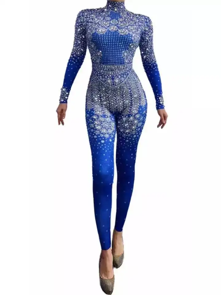 

Dancer Leggings Stage Costumes Sparkling Evening Party Rhinestone Jumpsuit Women Long Sleeve Stretch Skinny Crystal Bodysuit