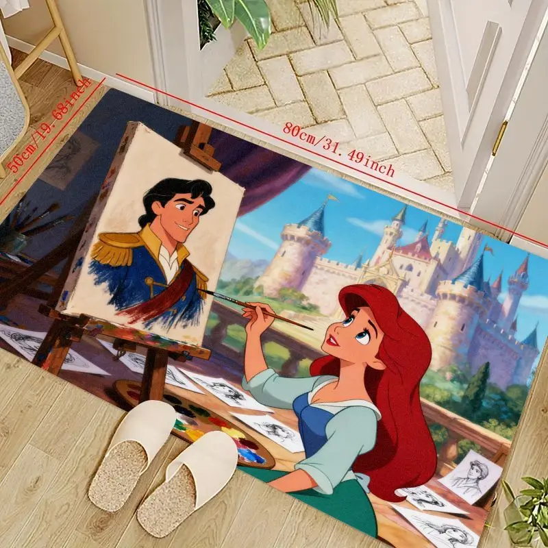 

1PC The Little Mermaid Ariel & Prince Eric Painting Scene Floor Mat, Disney Princess Cartoon Character Non-Slip Washable Area Ru