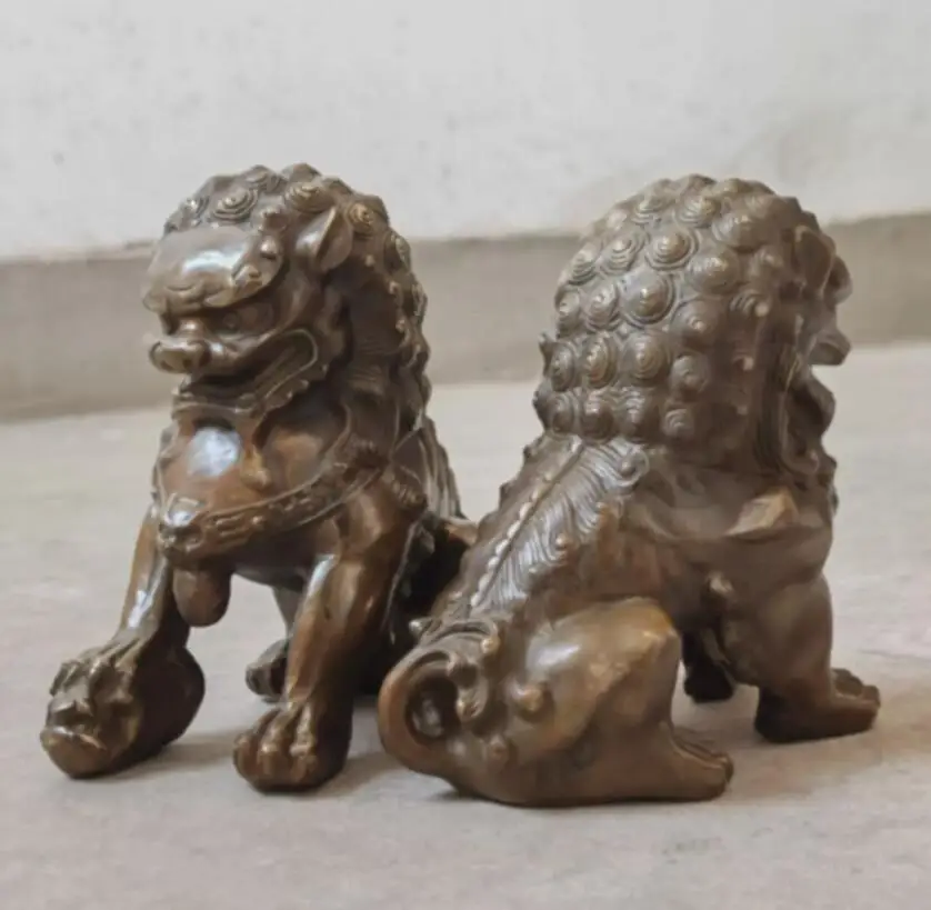 

Antique Fengshui Bronze Guardian Fu Foo Dogs Lion Door Leo Statues Lions Pair