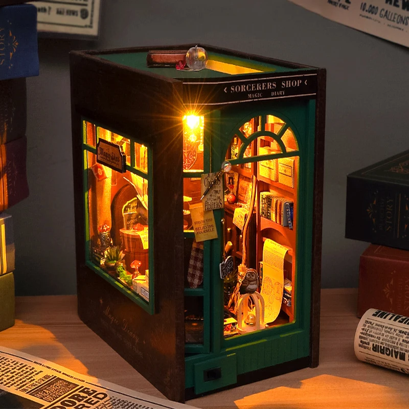 Diy livro nook kit estatuetas de madeira em miniatura casa boneca kit 3d puzzle montagem estante inserção decoração brinquedos para presentes natal