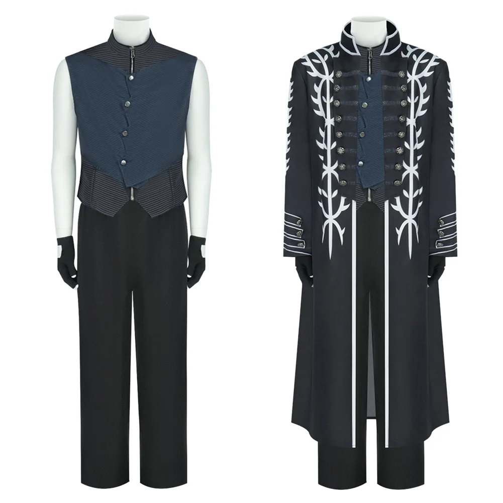 เกมDMC 5 Vergilคอสเพลย์สีดําเครื่องแต่งกายชุดผู้ใหญ่ผู้ชายRoleplay Topกางเกงเสื้อถุงมือชุดปลอมตัวฮาโลวีนCarnival Party