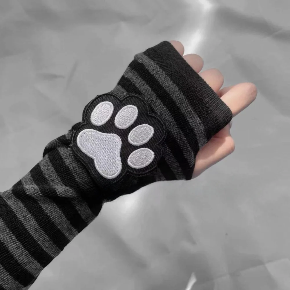 Cute Cat Claw Striped Pattern Fingerless Gloves Long Tube Design Sun Protection Arm Cover Black Sleeves Gloves for Women