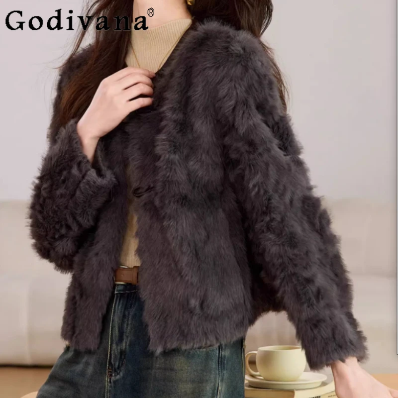 

Women Autumn Winter Fashion Temperament Versatile Loose Round Neck Short Jacket Elegant Leisure Thickened Warm Long Sleeve Coat