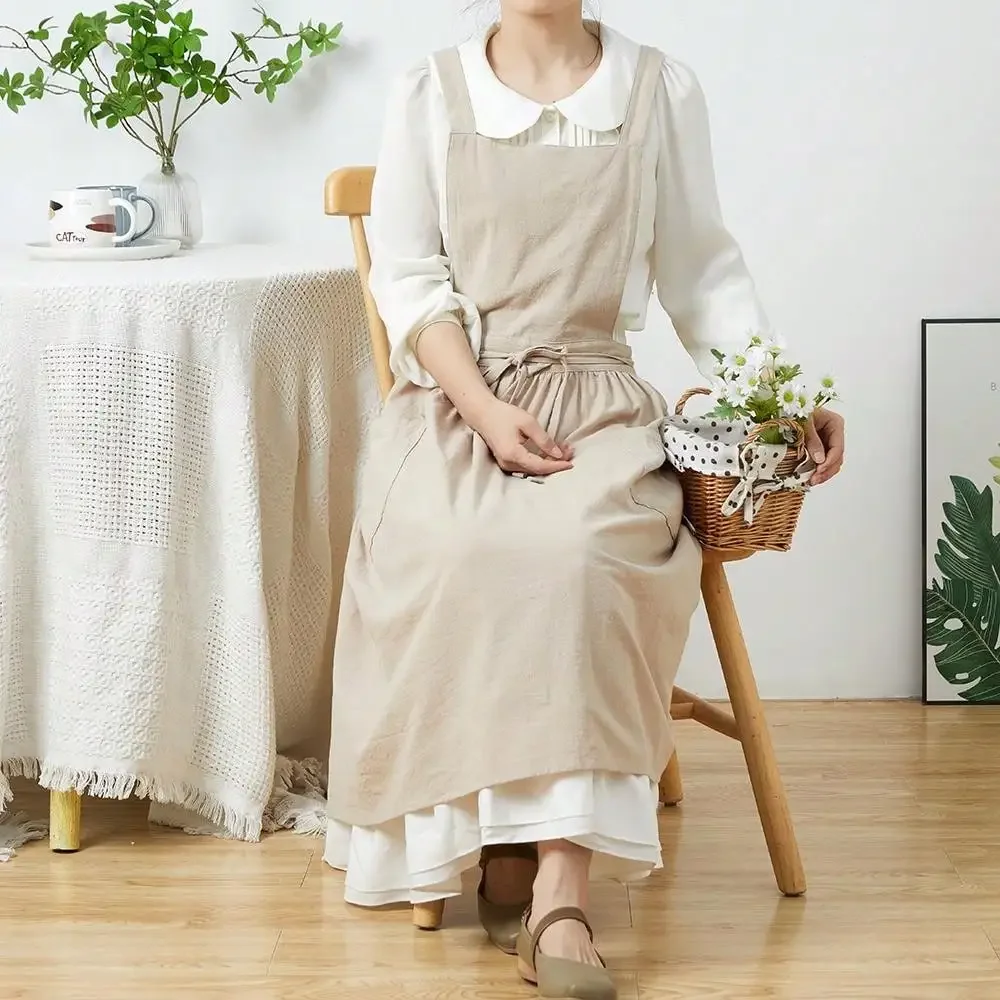 موجز الشمال الرياح مطوي تنورة القطن الكتان المئزر النساء الفتيات خمر المئزر البستنة يعمل عبر الظهر فستان بينافور