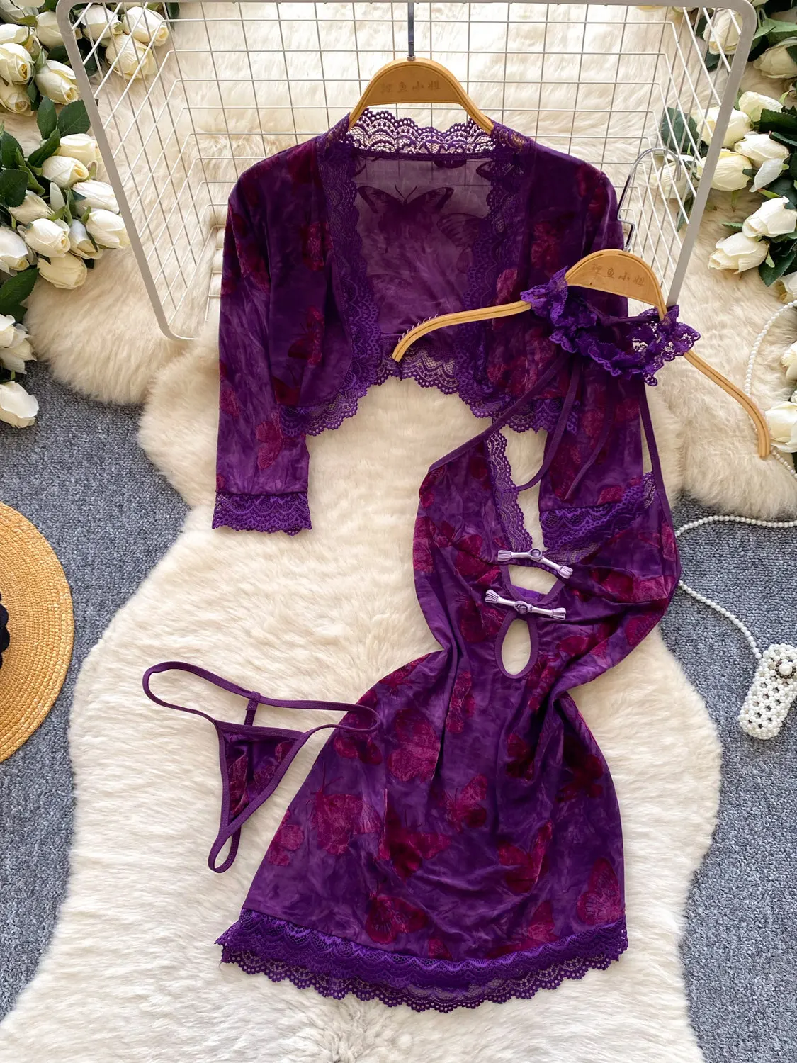 Women Purple Mini Dress Sets G-String Thong Nightdress 2 Piece Sets Vintage Hollow Lace Dress Pajamas Outfit 2000s Outfits 2026