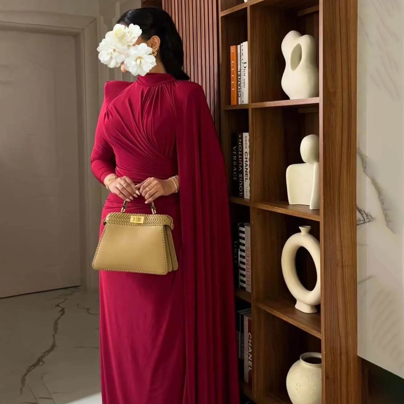 Dostosowana wykwintna suknia wieczorowa o kroju syreny z wysokim dekoltem Urocza marszczona sukienka na studniówkę Suknia wieczorowa z długim rękawem вечернее платье