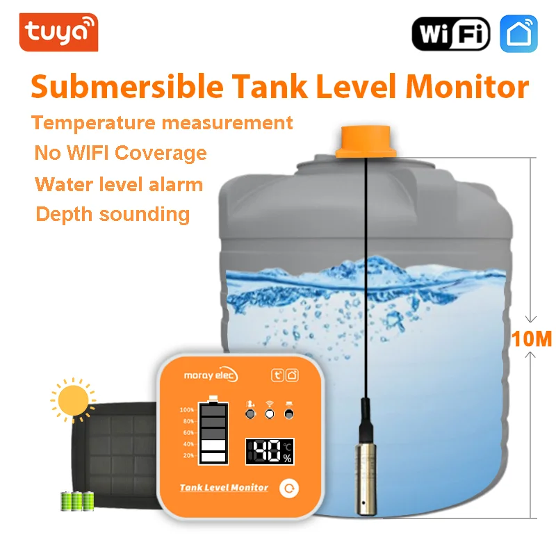 Moray ME201R Ultrasone watervloeistofdiepte-niveaumeter LCD-alarm op afstand Temperatuurweergave Mobiele draadloze vloeistofniveaumonitor