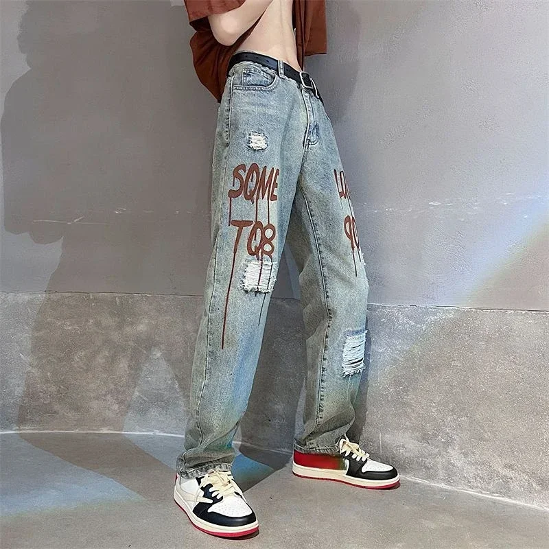 

Jeans for Men Broken with Holes Trousers Straight Ripped Male Cowboy Pants Hip Hop Print Torn Stylish Soft Casual 2024 Fashion