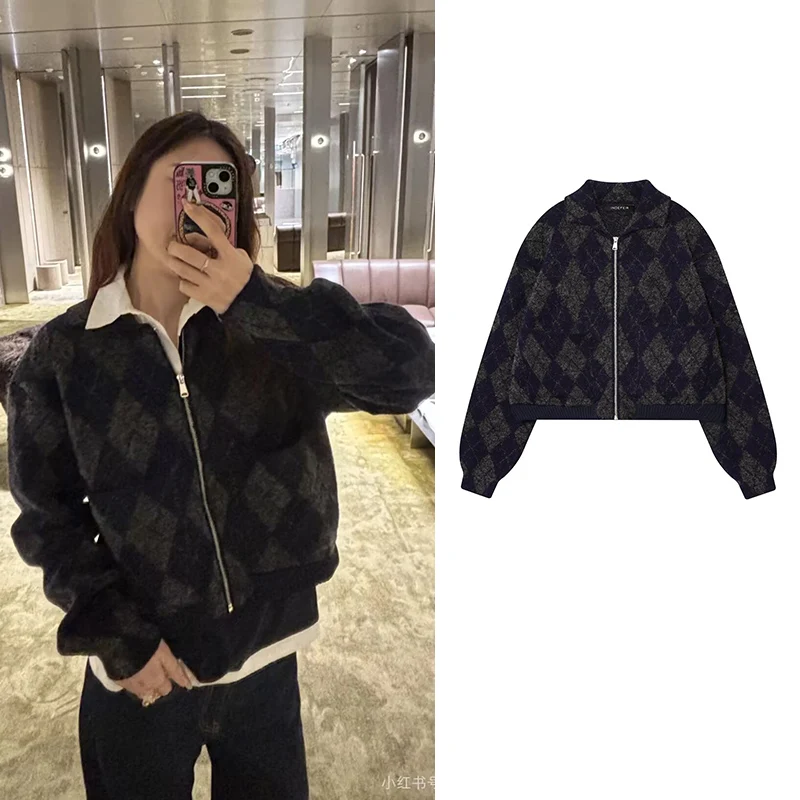 

Cardigan Sweater Women's Autumn 2025 New Fashion Diamond Plaid Elegant Women's Sweater Jackets Chic Street Holiday Youth Sweater