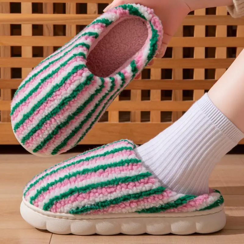 Modische Plüsch-Streifen-Hausschuhe für Damen Herbst Winter 2026 Dicke Plattform Baumwoll-Pantoffeln Warme Flauschige Rutschfeste Schuhe – Detail 6