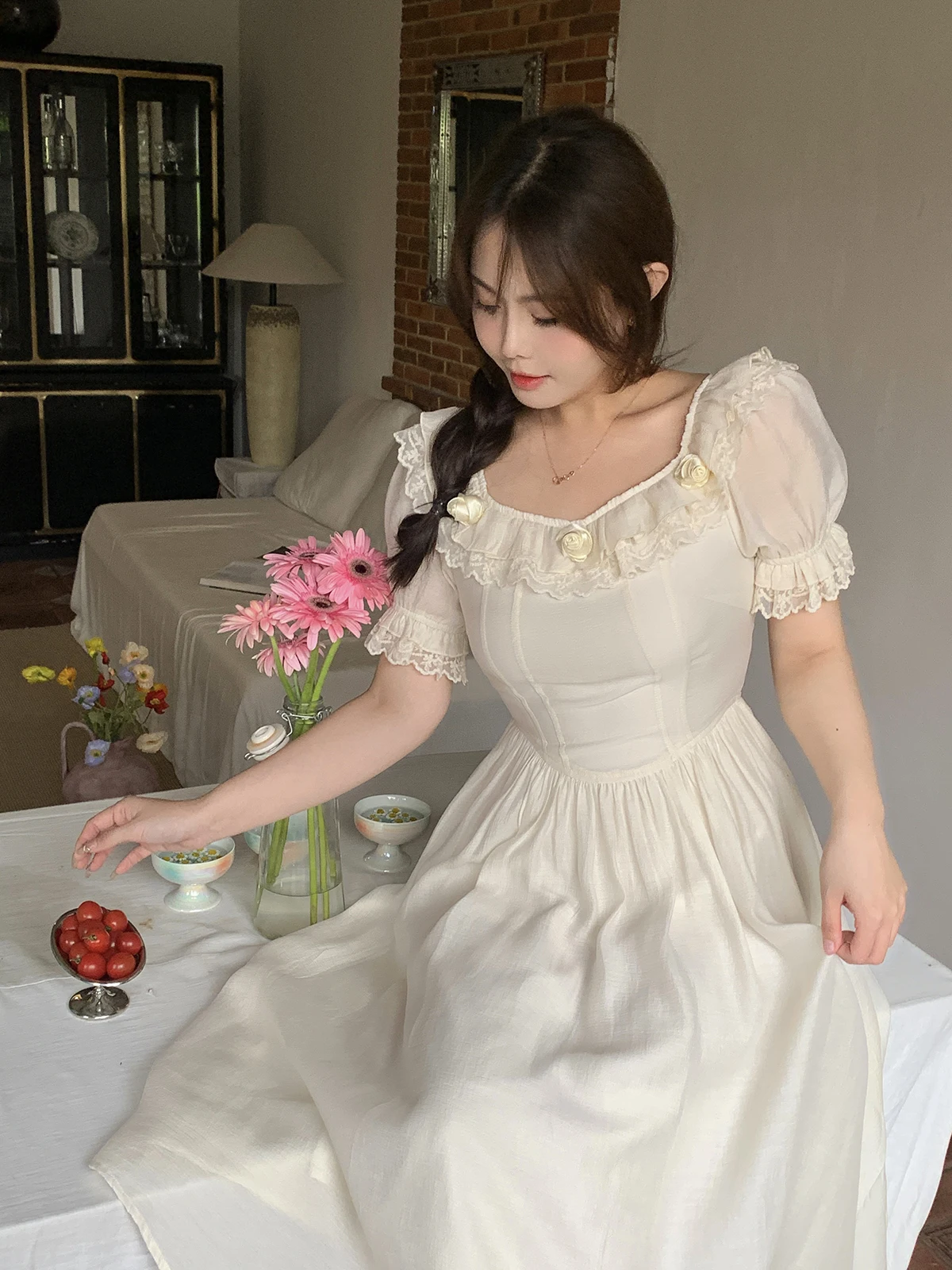 

Jiaosiao Rose Airy Maxi Dr Lace Vintage Design Summer Women's Clothing plus Size Faionable Small ence Design Sense
