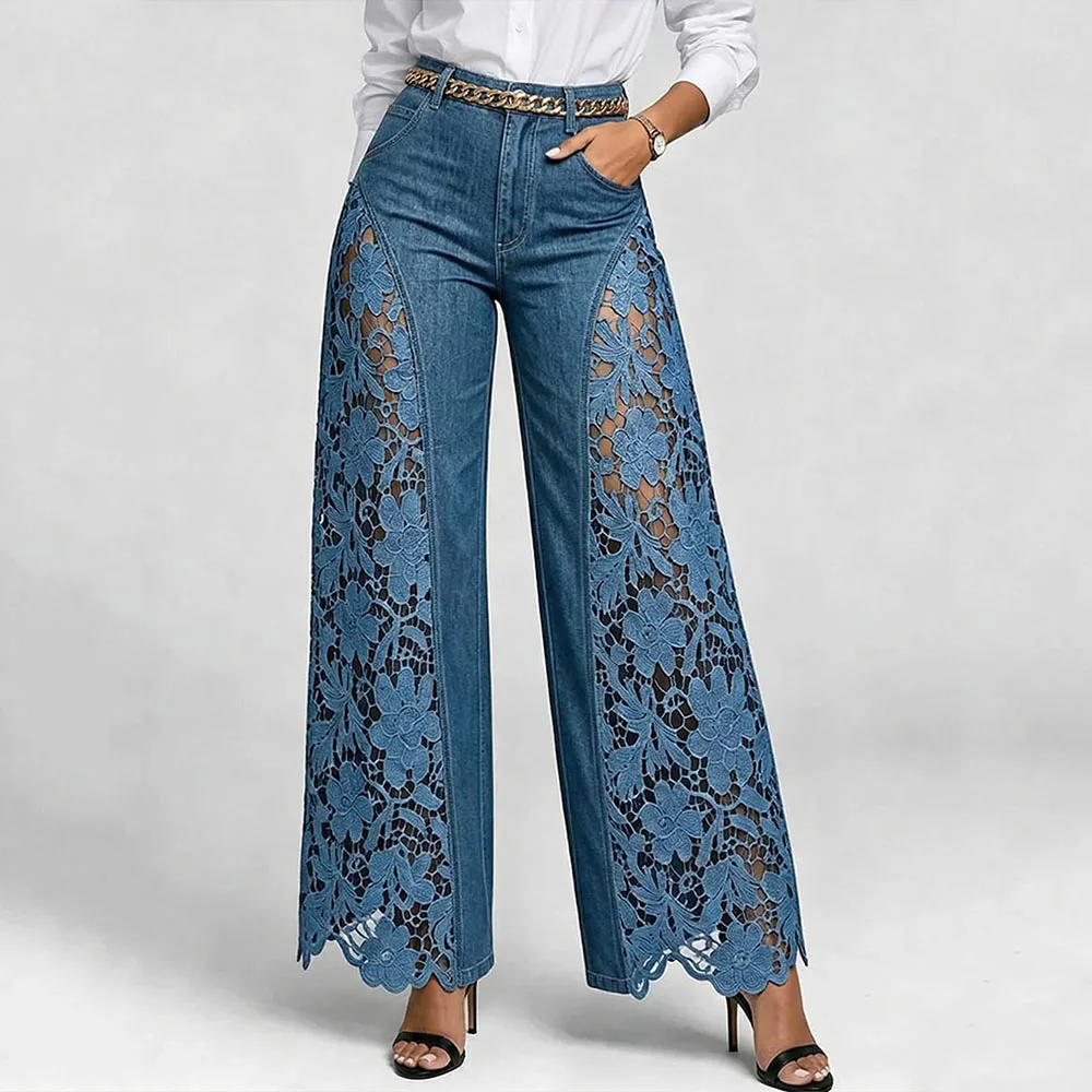 Women Wide Leg Denim Jeans Floral Lace Splicing Hollow Out High Waist Long Pants Retro Casual Ladies Streetwear Bottoms