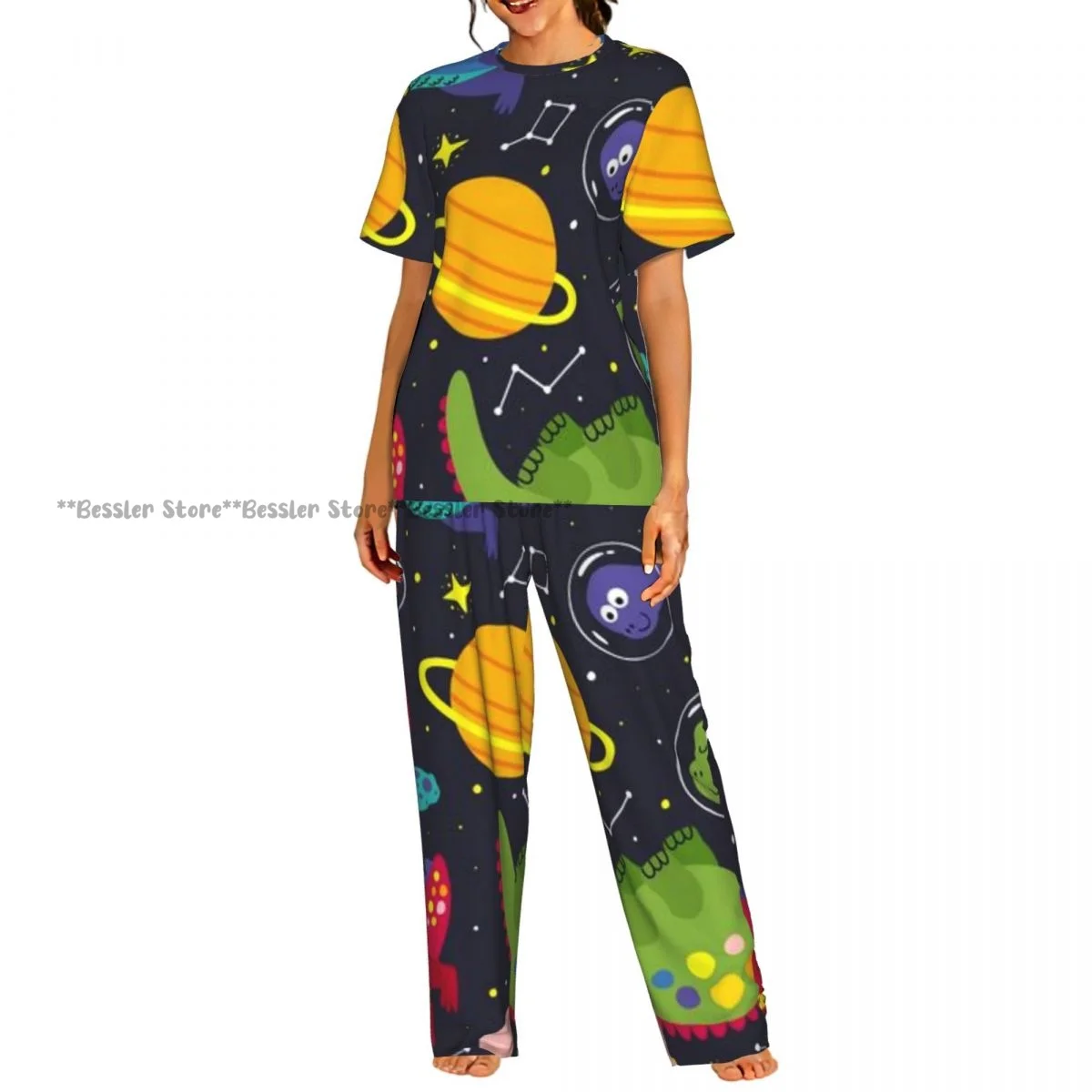 

Women's Comfort Pajamas Women's Dinosaur Galaxy With Stars Short Sleeve Set Sleepwear