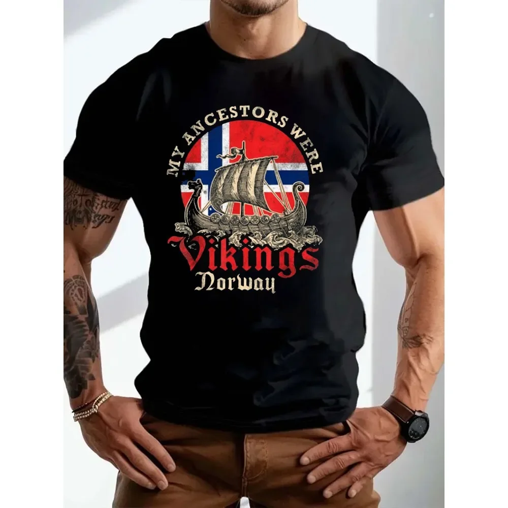 النرويجية فايكنغ سفينة العلم هدية للجنسين تي شيرت النرويج السياحية التذكارية القمم بحري نمط الرجال Crewneck القطن قصير الأكمام #1