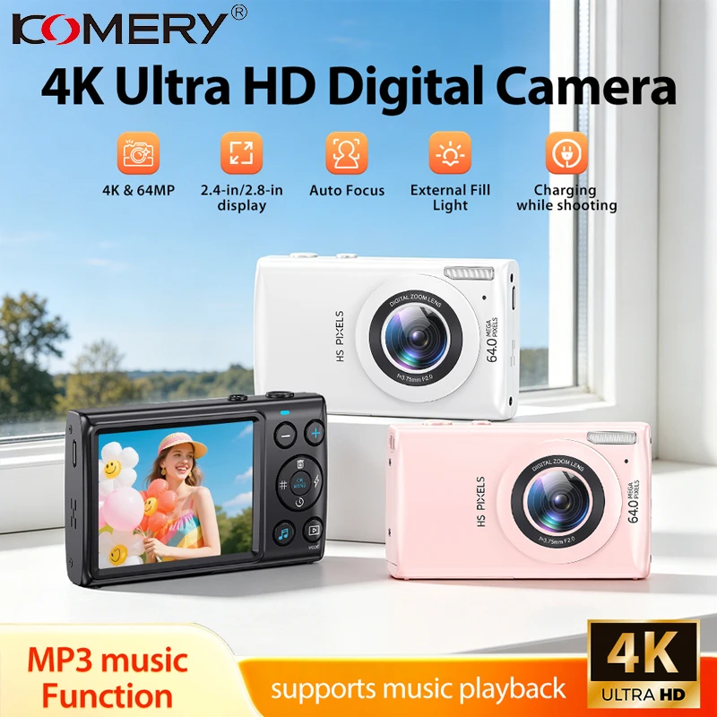 

Цифровая камера Komery, запись видео в формате 4K Ultra HD, автофокус, экшн-камера, камера с разрешением 64 МП, поддерживает видеосъемку и фотосъемку.