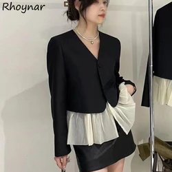 Spliced Casual Blazers Women Fake Two Piece Vintage Ladies Hotsweet Temper Elegant V-neck French Stylish Personal Fashion Ins