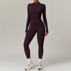 Combinaison de yoga une pièce à manches longues pour femme, barboteuse à fermeture éclair sportive, vêtements de fitness assiste pour la peau, entraînement de gym, haute intensité