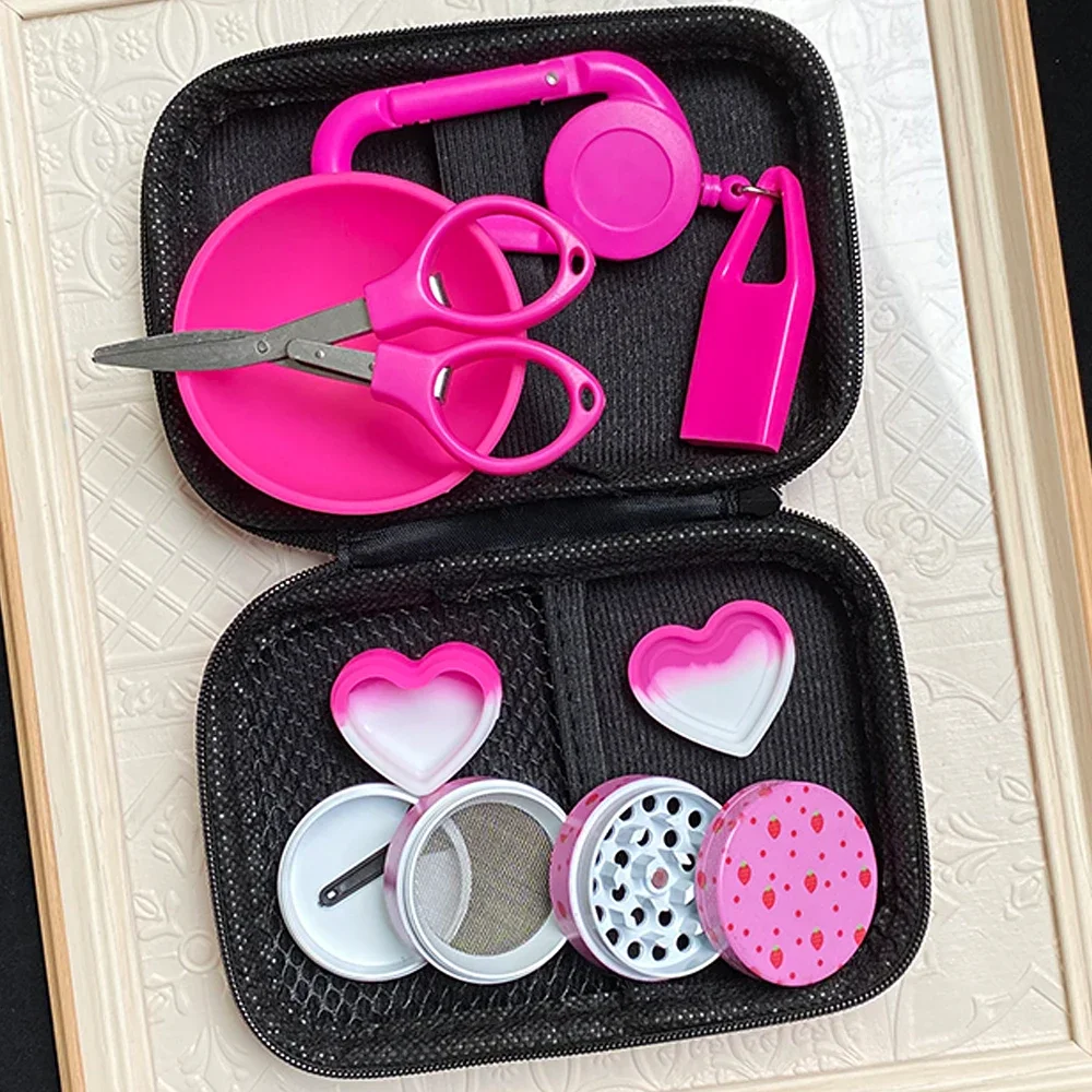 1Set Pink Smoking Kit With 40mm Grinder Lighter Holder Silicone Bowl Love Heart Silicone Jar Scissors Women Gift