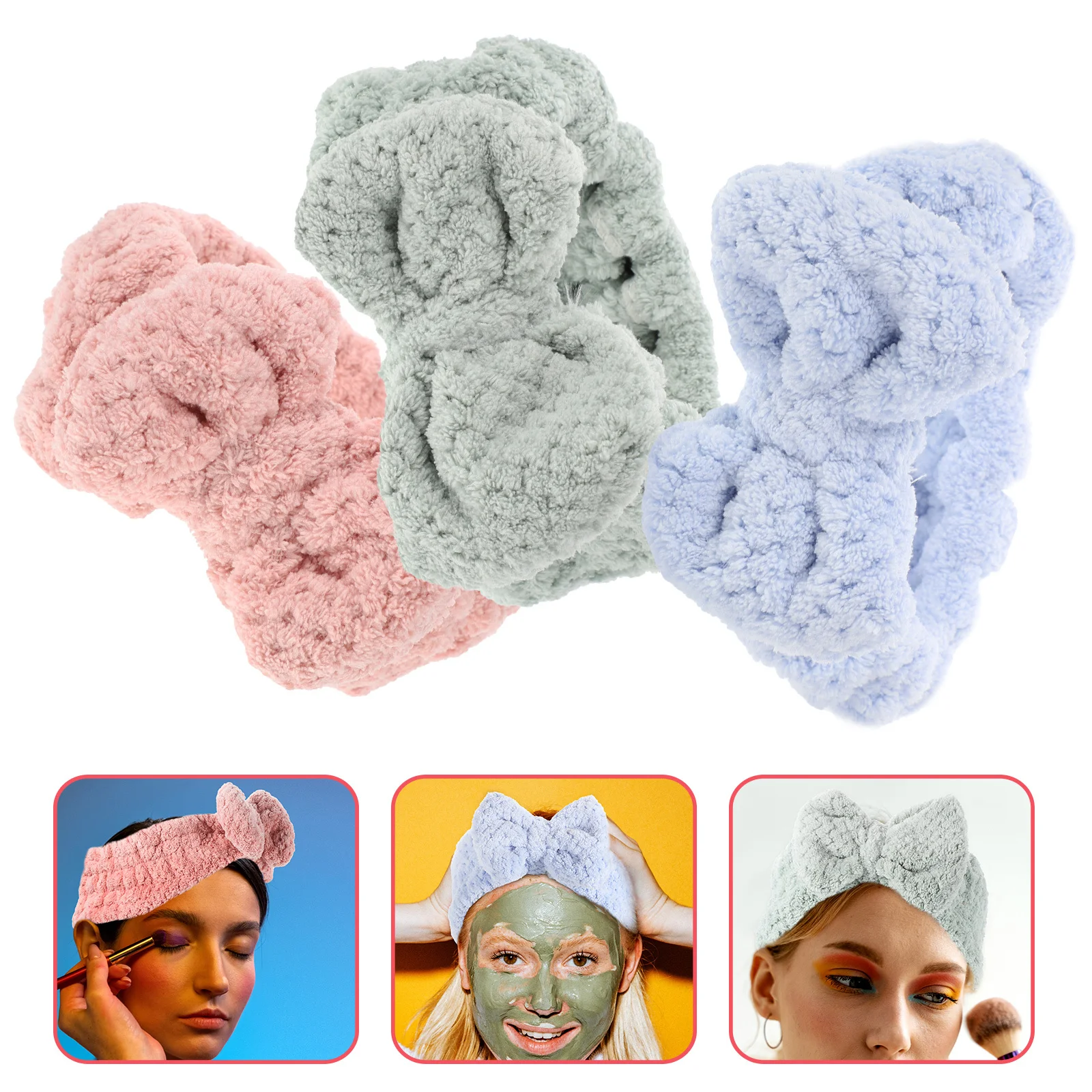

3Pcs Bowknot Hairband Face Washing Headband Soft Elastic Makeup Wristband Skincare Spa Bath Sports Hairbands for Girls Women