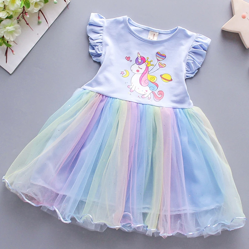 

2024 New Girls Dress Summer Princess Dresses Flying Sleeve Kids Clothes Unicorn Party Baby Dresses for Children Clothing 3-8Y