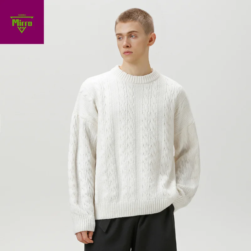 

【Mirrordust】Осенне-зимний американский ретро свободный повседневный текстурированный свитшот мужской уличный однотонный вязаный свитер с круглым вырезом