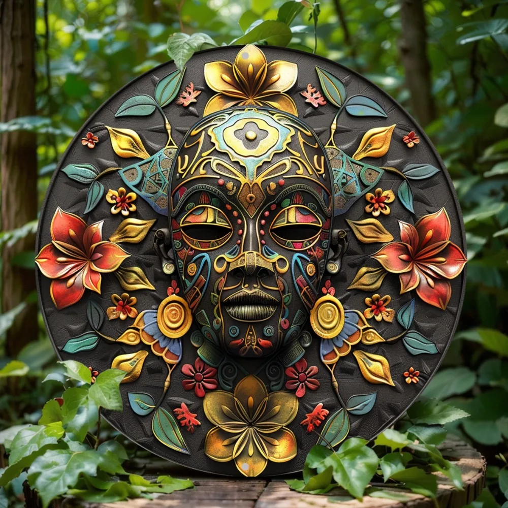 

"Elegant" African Mask-Inspired, Round Aluminum Wall Sign - Durable & Easy-To-Clean Decor for Home, Cafe, or Living Room