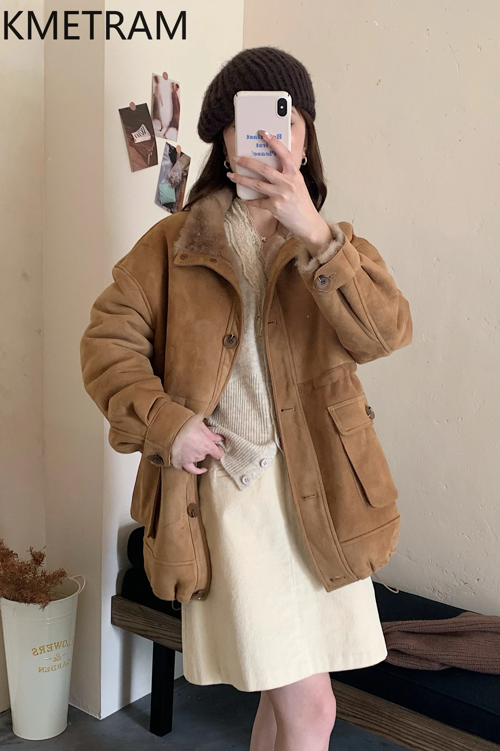 KMETRAM Natuurlijke Schapenvacht met Wol Aangesloten Bontjas Losse High-End Diepe Kameel Kleding 2025, Winter Vrouwen Jas vestes femmes