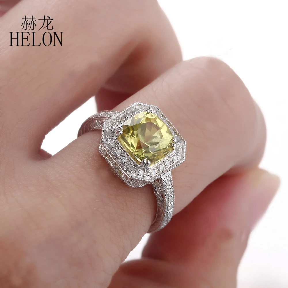 HELON Solid 14k 10k White Gold 8mm Cushion Genuine Lemon Crystal Diamonds Engagement Ring Women Vintage Fine Jewelry Best Gift