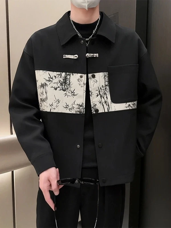 

New Chinese Sle Men's Jaet Spring Autumn Faion Splicing High-End Feeling Haome Outerwear Stand Fit Polyester