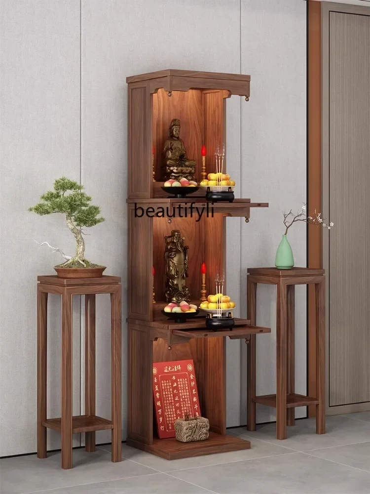 XS Three Buddha Shrine Black Walnut Clothes Closet Home God Of Wealth Landlord Bodhisattva Living Room Statue Altar Guan Gong