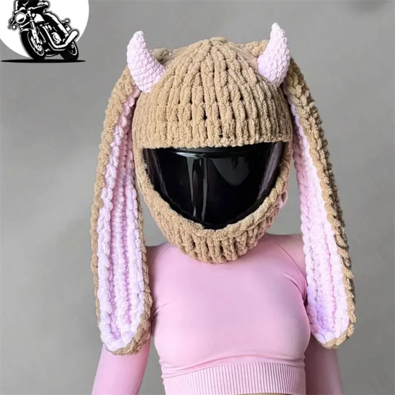 Handmade crocheted For Motorcycle Full-Face Protective case Motorcycle Helmet cover Protection Headgear cute Cartoon rabbit ears