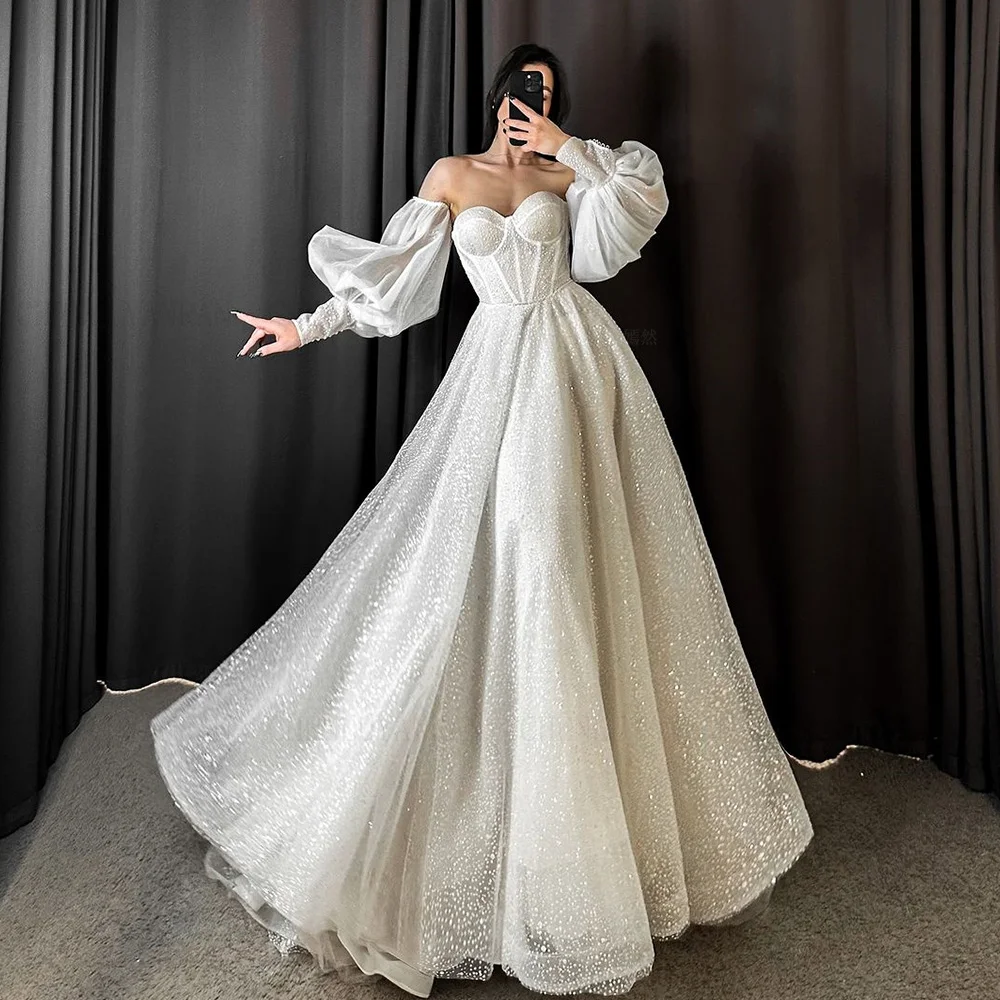 Puff Sleeves Wedding Dresses For Women Sweetheart Long Luxury Wendding Gowns A-line Dresses For Wome 2023  فستان حفلات الزفاف