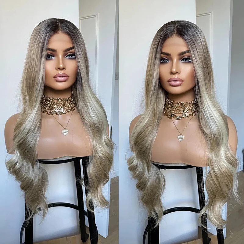 Rooted Ash Blonde Heat Friendly Synthetic Wig With Money Piece Blonde Lace Front Wigs Glueless For Beginners Ready to Ship Wigs