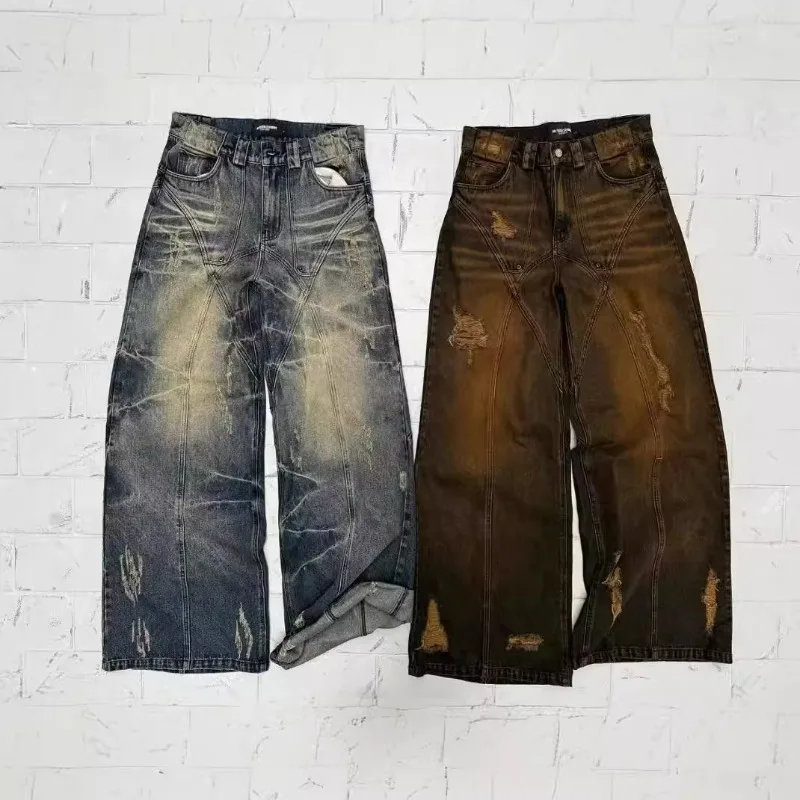 

Vintage Washed Jeans Y2K Retro Ripped Baggy Jeans American High Street Straight Leg Mud Blue Loose Denim Pants Streetwear