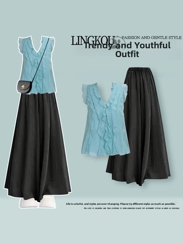 

Элегантный повседневный женский комплект из двух предметов: футболка с V-образным вырезом и плиссированная юбка-брюки, большие размеры, модный дизайн, омолаживающий образ