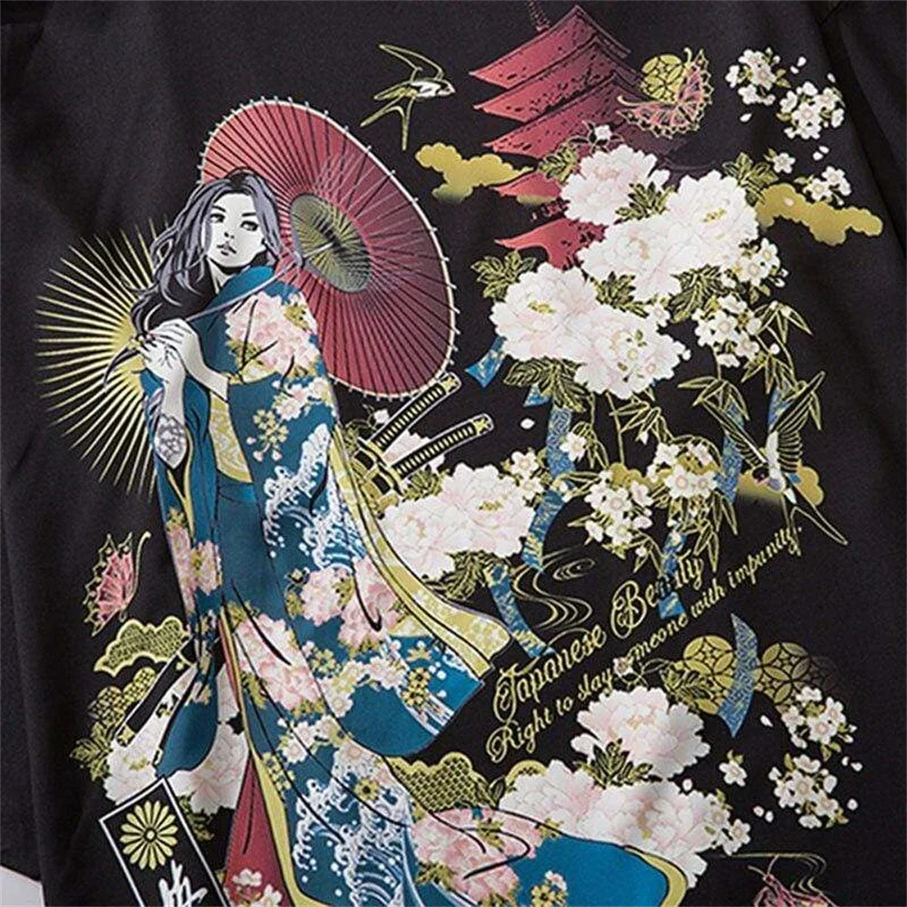 Cárdigan con estampado de Geisha japonés para hombre, Tops cómodos informales de verano, Kimono de manga de tres cuartos a la moda, talla grande