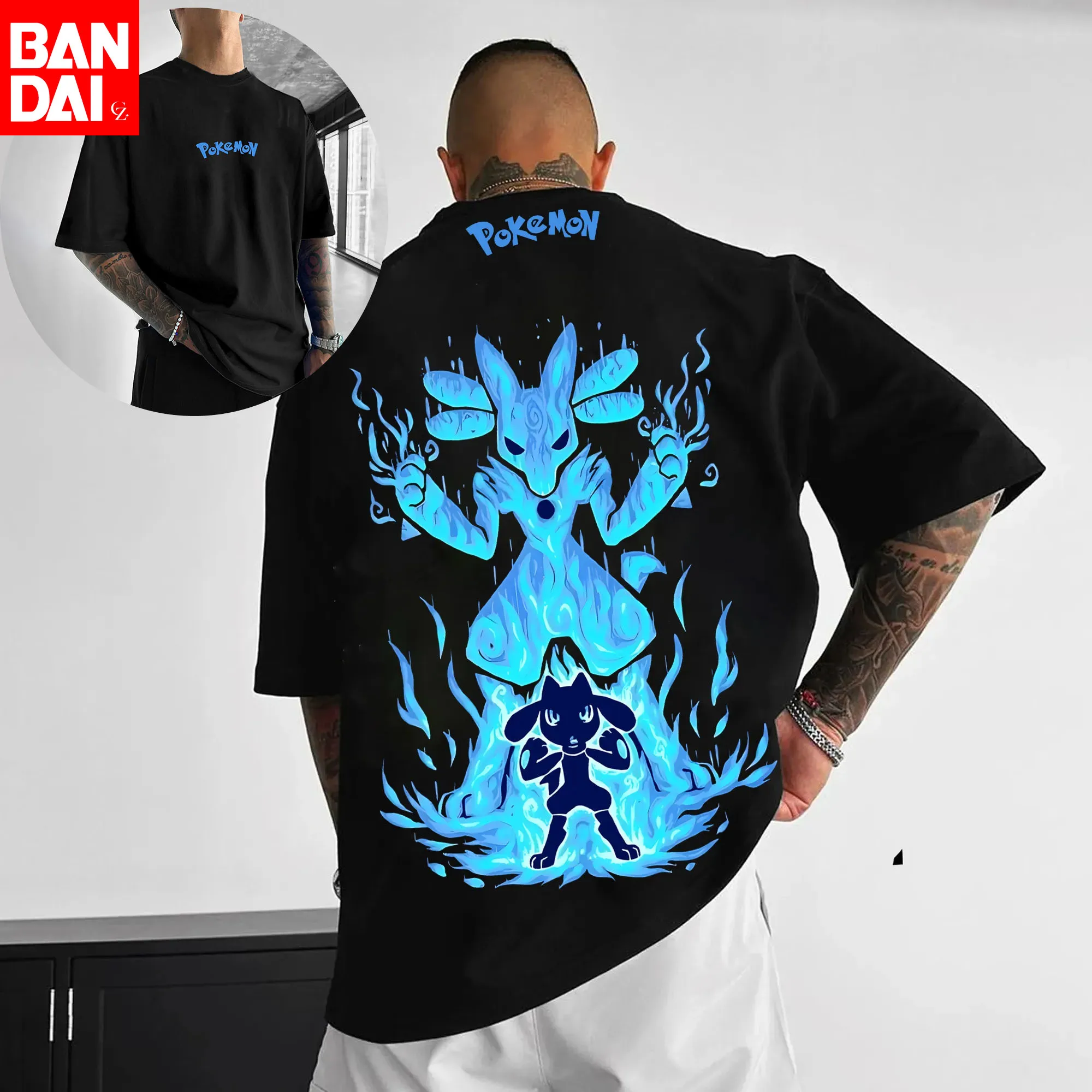 camiseta-masculina-estampada-pokemon-riolu-lucario-evolution-2026-verao-preta-oversized-anime-streetwear-harajuku-solta-de-algodao