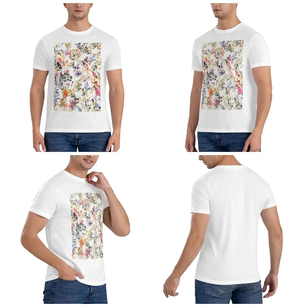 100% Cotton Wild Flowers And Plants Watercolor T-Shirt Men's Funny Oversized T Shirt Men Round Neck Summer Shirts Tops S-6XL