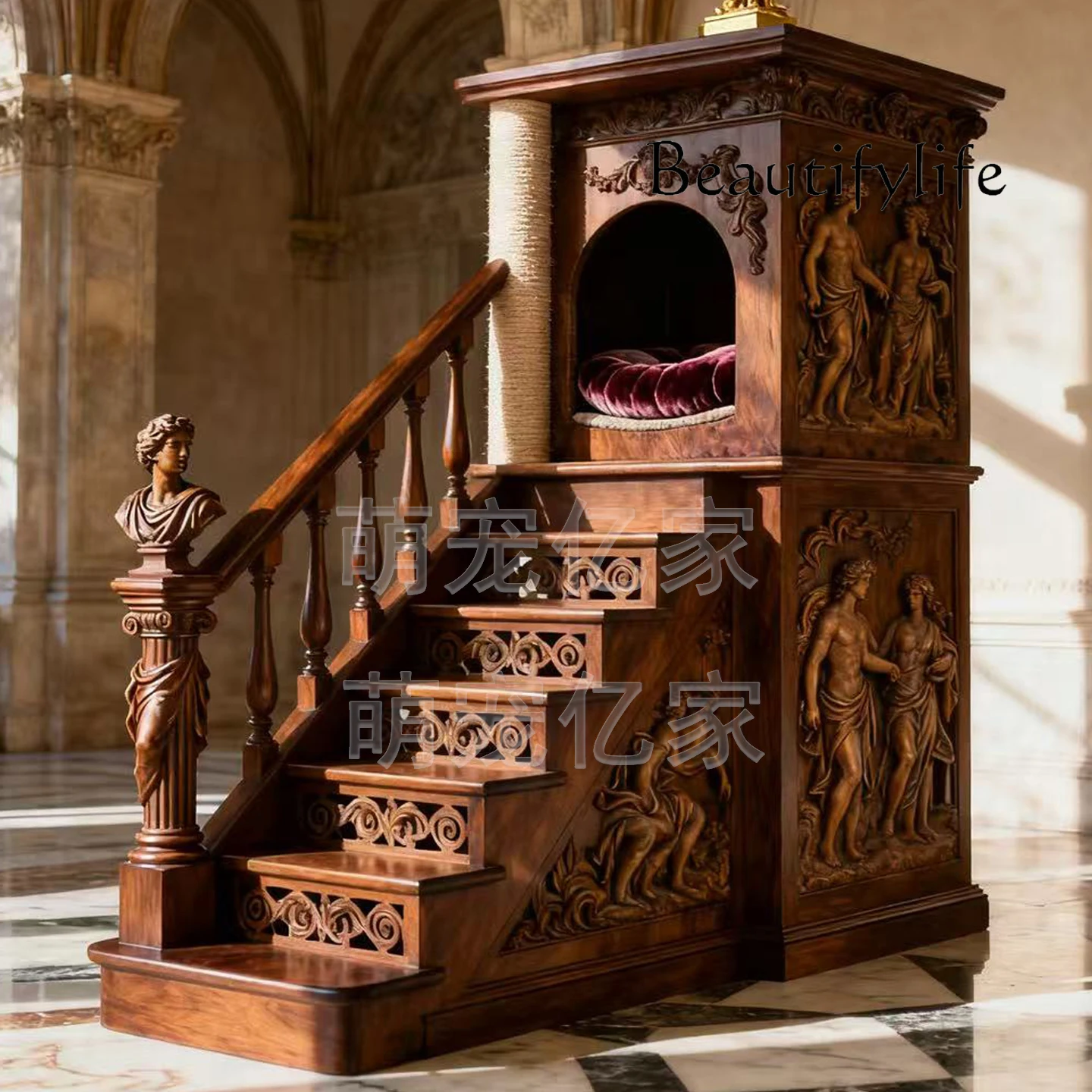 Luxury all-solid wood hand-carved dog villa double floor with handrail stairs cat and dog house