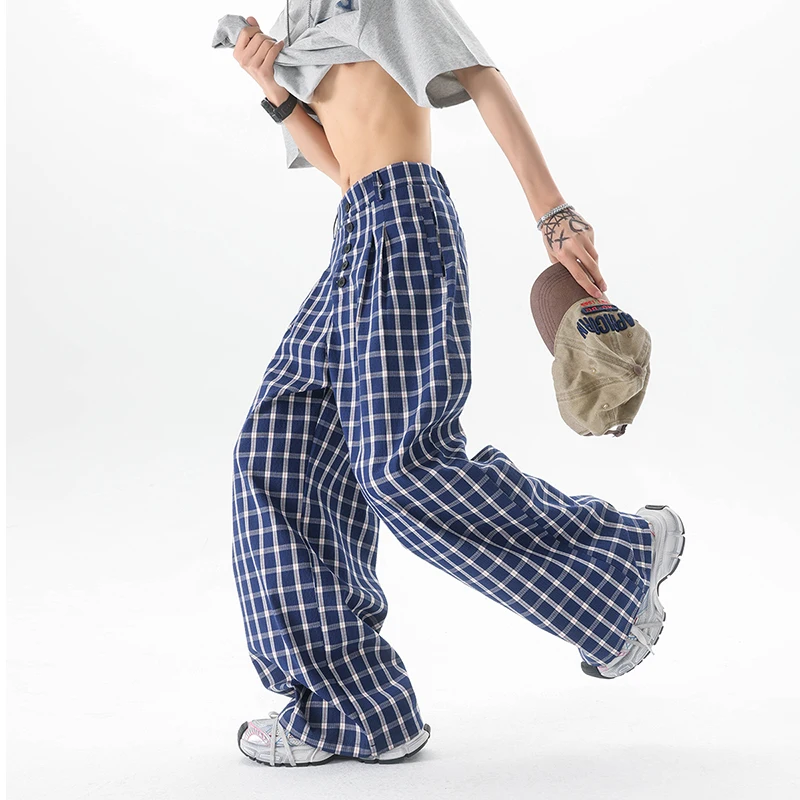 Spring Summer Mens Fashion Oversize Plaid Pants Wide Leg Buttons Long Trousers Elastic Waist Casual Bottoms Wear Plus Size