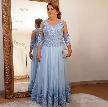 Plus Size Mother of the Bride Dress for Wedding Party Light Blue Lace Tulle 3/4 Long Sleeve Ladies Formal Evening Prom Gowns