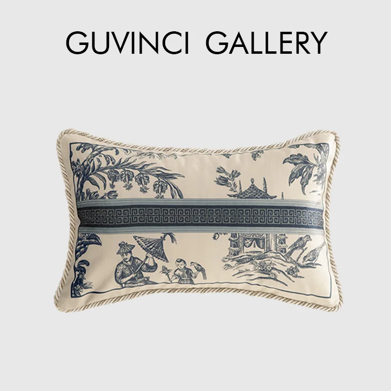 GUVINCI GALLERY Oriental Charm Lumbar Pillow Covers Super Soft Velvet Toile De Jouy Delft Blue Decorative Cushion Case 30x50cm