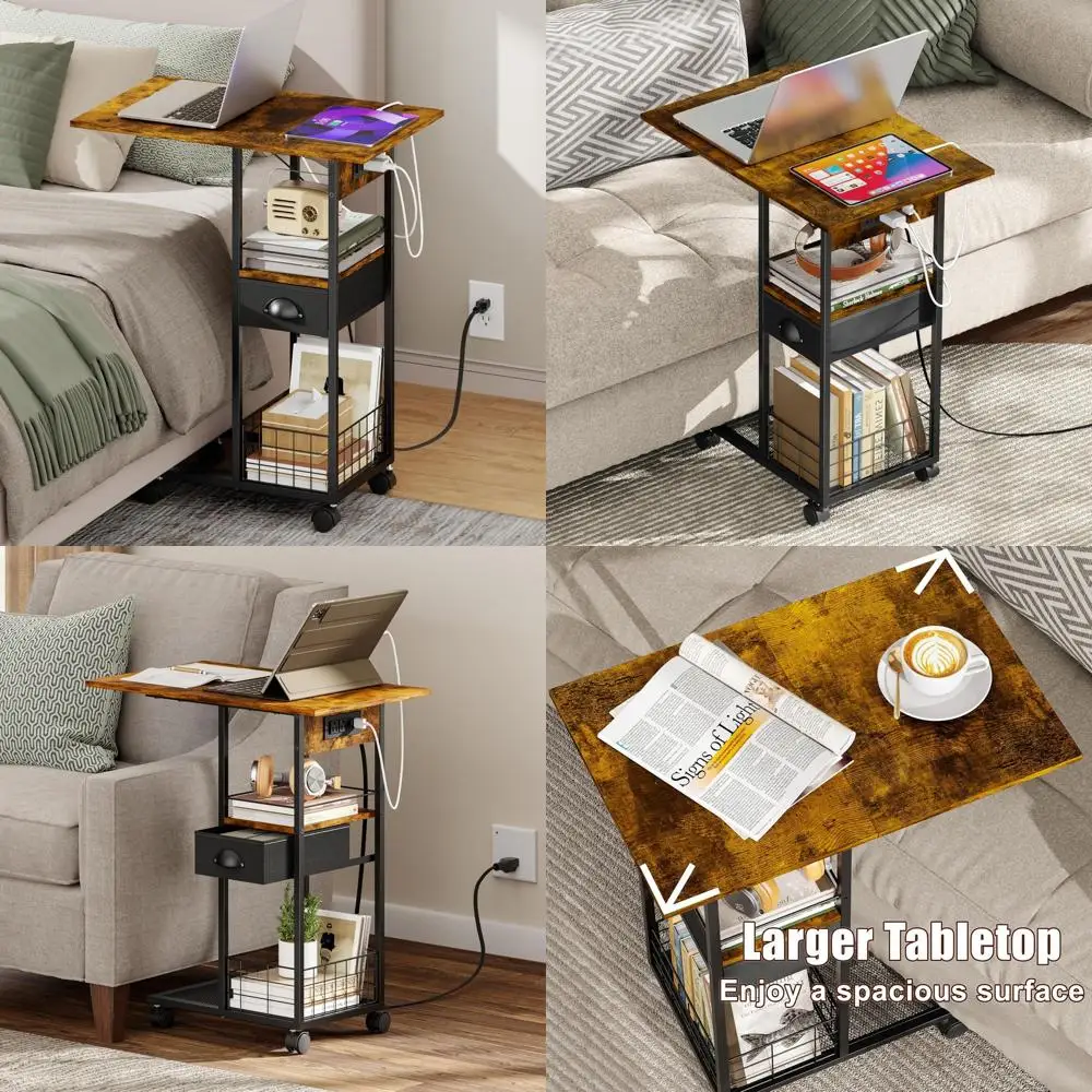 C-Shaped Rolling Side Table with Charging Station, USB & Type-C Ports for Bedrooms and Living Rooms, Ideal for Small Spaces