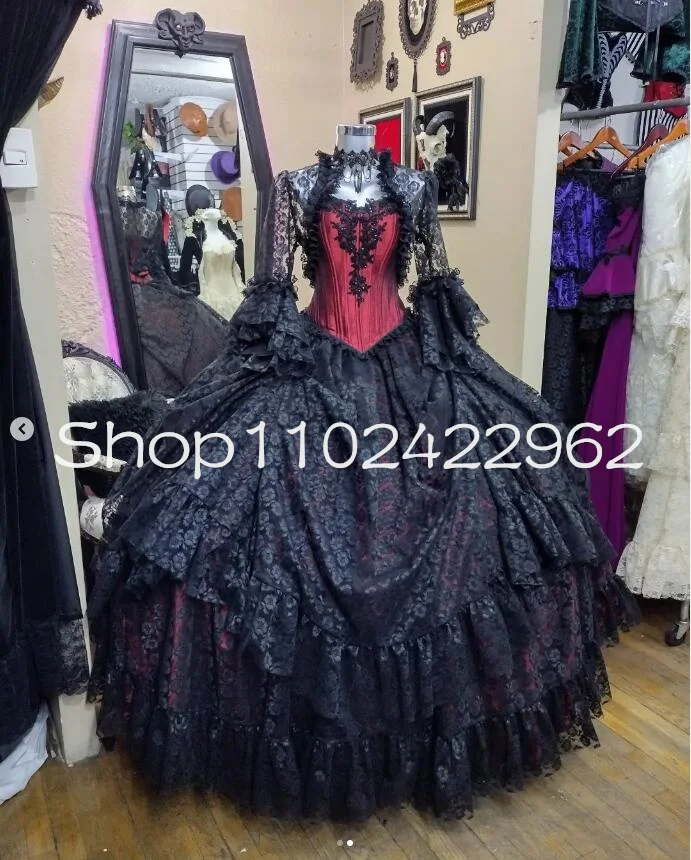 Gothic Mexico Black Burgundy Prom Formal Dresses with Long Sleeve Jacekt Ruched Skirt Steampunk Victorian Cosplay Evening Gown