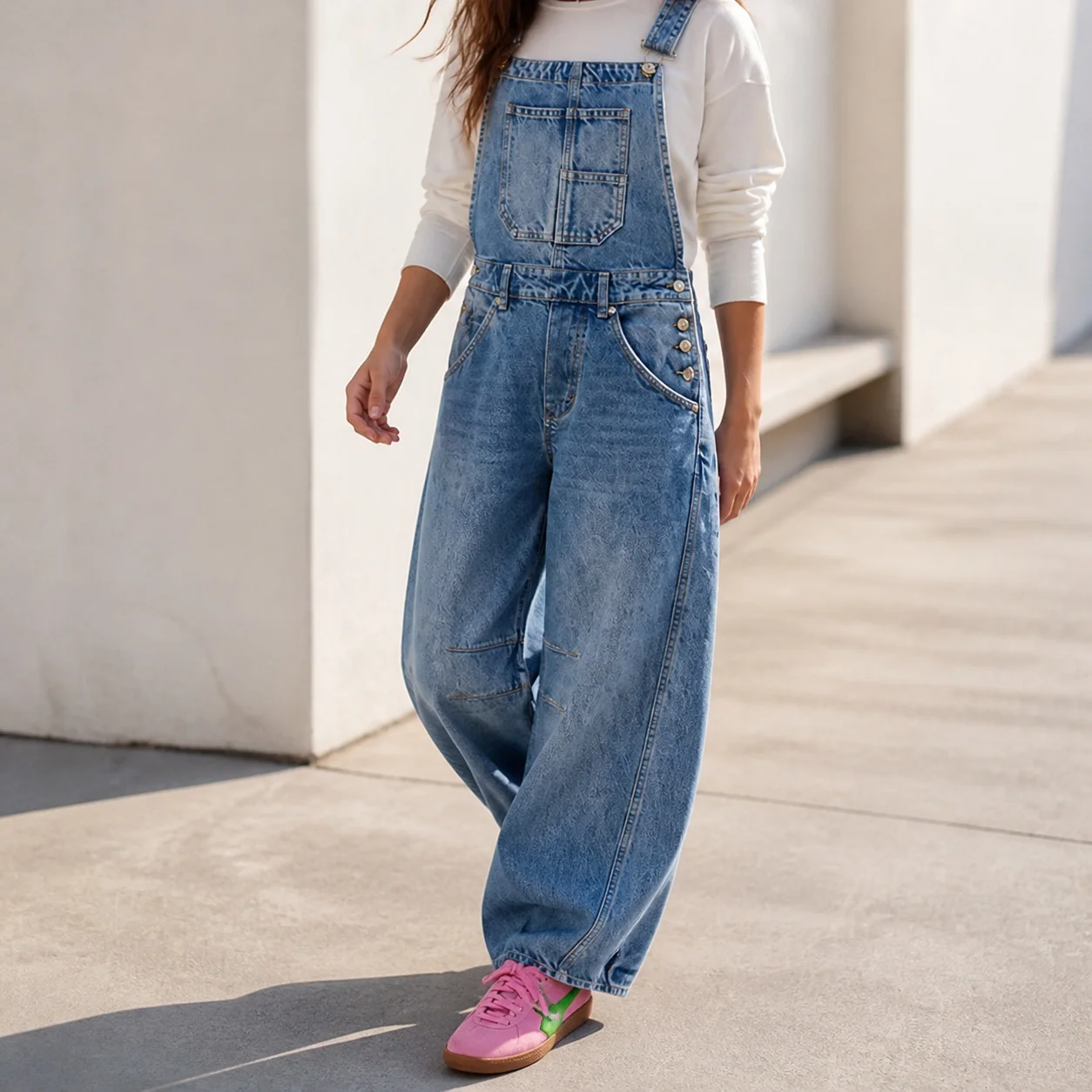 Women's Cotton Loose Fit Straight Leg Mid Waist Long Pants Washed Retro Jumpsuit for Women Streetwear Pocket Detail Rompers